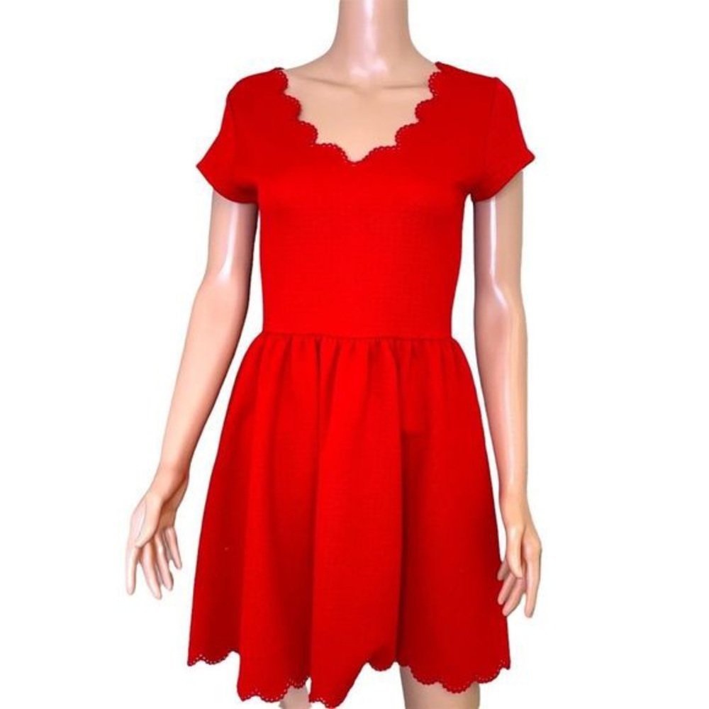 Fit and Flare Red Dress with Scallop Edges